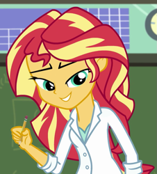 Size: 611x676 | Tagged: safe, screencap, sunset shimmer, equestria girls, g4, my little pony equestria girls: friendship games, the science of magic, cropped, pencil, solo, sunset the science gal