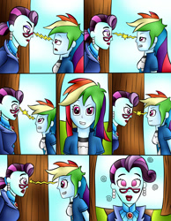 Size: 1648x2129 | Tagged: safe, artist:jerrydestrtoyer, principal abacus cinch, rainbow dash, equestria girls, g4, backfire, clothes, comic, female, glasses, grin, hypnosis, hypnotized, outdoors, smiling