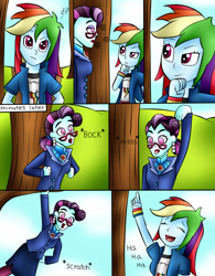 Size: 1570x2010 | Tagged: safe, artist:jerrydestrtoyer, principal abacus cinch, rainbow dash, equestria girls, g4, :d, behaving like a chicken, behaving like a monkey, behaving like a snake, clothes, comic, female, glasses, hypnosis, hypnotized, open mouth, outdoors, smiling