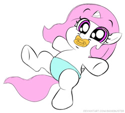 Size: 482x438 | Tagged: safe, artist:banebuster, princess celestia, alicorn, pony, series:tiny tia, g4, baby, baby pony, cewestia, cute, cutelestia, diaper, female, filly, pacifier, pink mane, simple background, solo, white background, younger