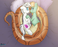 Size: 5000x4000 | Tagged: safe, artist:fluffyxai, oc, oc:chieftess muyal, oc:yiazmat, lamia, original species, pony, snake, snake pony, unicorn, bedsheets, coils, female, horn, hypnosis, kaa eyes, looking at each other, looking at someone, male, mare, mare oc, mind control, pillow, scar, stallion, stallion oc, tail, unicorn oc