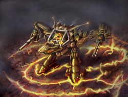 Size: 5000x3800 | Tagged: safe, artist:eltaile, applejack, earth pony, pony, g4, cannon, clothes, female, gun, lava, mech, mecha, minigun, smiling, smoke, solo, uniform, volcano, weapon