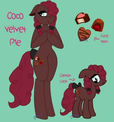Size: 961x1024 | Tagged: safe, artist:lolitablue, oc, oc only, earth pony, pony, semi-anthro, arm hooves, base used, bow, chocolate, duo, earth pony oc, female, food, mare, offspring, parent:cheese sandwich, parent:pinkie pie, parents:cheesepie, reference sheet, solo, tail bow