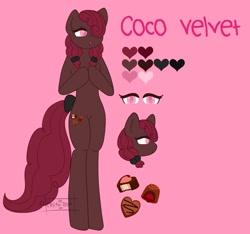 Size: 1024x958 | Tagged: safe, artist:lolitablue, oc, oc only, earth pony, semi-anthro, arm hooves, bow, bust, chocolate, earth pony oc, food, offspring, parent:cheese sandwich, parent:pinkie pie, parents:cheesepie, solo, tail bow