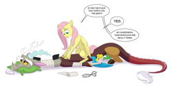 Size: 5000x2500 | Tagged: safe, artist:eveeka, discord, fluttershy, draconequus, pegasus, pony, comic:the last adventure, g4, bandage, comic, couple, eyes open, female, happy, love, lying down, male, massage, misspelling, open mouth, ship:discoshy, shipping, sitting, smiling, straight