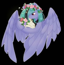 Size: 1128x1149 | Tagged: safe, artist:thieeur-nawng, oc, oc only, pegasus, pony, black background, bouquet, floral head wreath, flower, pegasus oc, simple background, solo, wings