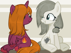 Size: 1374x1016 | Tagged: safe, artist:katnekobase, artist:thieeur-nawng, oc, oc only, earth pony, pony, unicorn, abstract background, base used, duo, earth pony oc, grin, horn, looking at each other, sitting, smiling, underhoof, unicorn oc, unshorn fetlocks