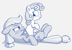 Size: 1455x1005 | Tagged: safe, artist:heretichesh, applejack, sweetie belle, earth pony, pony, unicorn, g4, :t, bipedal, blushing, drawthread, female, filly, freckles, grumpy, hairband, innocent, lesbian, lying down, mare, on back, shipping, sitting, sitting on person, sitting on pony, smiling, sweetiejack
