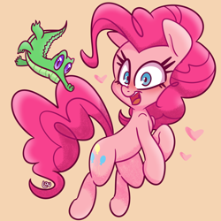 Size: 1500x1500 | Tagged: safe, artist:lou, gummy, pinkie pie, alligator, earth pony, pony, g4, biting, cute, diapinkes, duo, heart, looking at you, open mouth, smiling, smiling at you