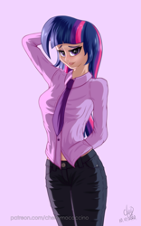 Size: 1200x1920 | Tagged: safe, artist:cherrymocaccino, artist:zuko42, twilight sparkle, human, art pack:music album 'e.g.8 themes', equestria girls, g4, arm behind back, arm behind head, clothes, jeans, looking at you, necktie, pants, shirt, solo