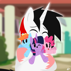 Size: 3000x3000 | Tagged: safe, artist:takaneko13, pinkie pie, rainbow dash, twilight sparkle, oc, oc:dusk, alicorn, pony, unicorn, mlp fim's tenth anniversary, g4, crying, freckles, happy, happy birthday mlp:fim, high res, male, plushie, smiling, stallion, tears of joy, twilight sparkle (alicorn)