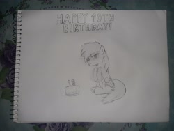 Size: 4608x3456 | Tagged: safe, artist:bl4ckgh0st, rainbow dash, pony, mlp fim's tenth anniversary, g4, birthday cake, cake, female, food, happy birthday mlp:fim, looking at you, mare, monochrome, solo, traditional art