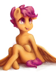 Size: 997x1266 | Tagged: safe, artist:mrstrats, scootaloo, pegasus, semi-anthro, g4, arm hooves, crossed legs, featureless crotch, looking up, simple background, sitting, smiling, solo, white background