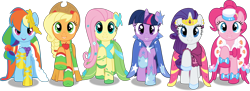 Size: 6678x2444 | Tagged: safe, artist:frownfactory, applejack, fluttershy, pinkie pie, rainbow dash, rarity, twilight sparkle, earth pony, pegasus, pony, unicorn, g4, the best night ever, .svg available, cape, clothes, dress, female, gala dress, gala mane, hat, horn, jewelry, mane six, mare, regalia, simple background, tiara, transparent background, unicorn twilight, vector