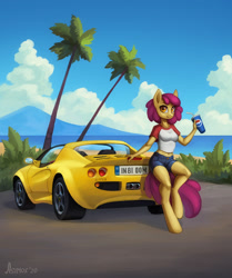 Size: 1089x1300 | Tagged: safe, artist:asimos, apple bloom, earth pony, anthro, unguligrade anthro, g4, '90s, beach, car, clothes, cloud, cottagecore, denim shorts, drink, female, leaning back, license plate, lotus elise, midriff, mountain, ocean, older, orange eyes, outdoors, palm tree, pepsi, product placement, sand, shirt, shorts, soda, solo, t-shirt, tomboy, tree, vehicle, water, watermark, yellow fur