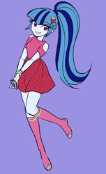 Size: 1073x1764 | Tagged: safe, artist:rileyav, sonata dusk, equestria girls, g4, accessory, adorasexy, beautiful, big eyes, blushing, bracelet, clasped hands, clothes, cute, dress, eyebrows, eyebrows visible through hair, eyelashes, hands together, jewelry, kneesocks, legs, looking at you, ponytail, pose, purple background, purple eyes, sexy, shoulderless, simple background, skirt, smiling, socks, solo, sonatabetes, stocking feet, sweater, zettai ryouiki