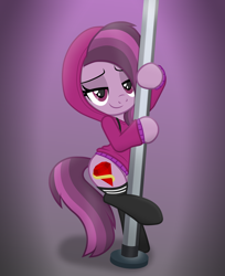 Size: 2652x3252 | Tagged: safe, artist:chomakony, oc, oc only, oc:ruby geminis, earth pony, pony, alternate clothes, bedroom eyes, clothes, earth pony oc, female, gradient background, high res, hoodie, lidded eyes, looking at you, mare, pole, pose, show accurate, simple background, smiling, socks, solo, sweatshirt, vector