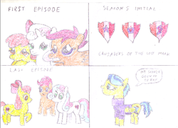 Size: 500x361 | Tagged: safe, artist:ewxep, apple bloom, auntie lofty, scootaloo, sweetie belle, earth pony, pegasus, pony, unicorn, mlp fim's tenth anniversary, crusaders of the lost mark, friendship is magic, g4, the last crusade, the last problem, colored pencil drawing, cutie mark, cutie mark crusaders, redraw, simple background, the cmc's cutie marks, traditional art, trio, white background