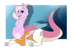 Size: 1700x1122 | Tagged: safe, artist:conmanwolf, oc, oc only, oc:stitches, draconequus, female, lying down, older, prone, solo
