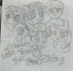 Size: 1280x1239 | Tagged: safe, applejack, fluttershy, pinkie pie, rainbow dash, rarity, twilight sparkle, mlp fim's tenth anniversary, g4, drawing, female, graph paper, happy birthday mlp:fim, lined paper, mane six, traditional art