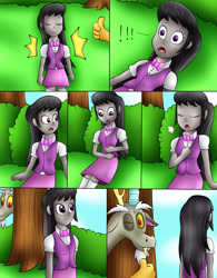 Size: 2543x3258 | Tagged: safe, artist:jerrydestrtoyer, discord, octavia melody, draconequus, equestria girls, g4, clothes, comic, female, finger snap, high res, male, tree