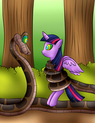 Size: 1582x2043 | Tagged: safe, artist:jerrydestrtoyer, twilight sparkle, alicorn, pony, snake, g4, coils, crossover, female, hypnosis, imminent vore, kaa, kaa eyes, kaa hypnotism paraphilia, male, mare, mind control, outdoors, the jungle book, tree, twilight sparkle (alicorn), wrapped up