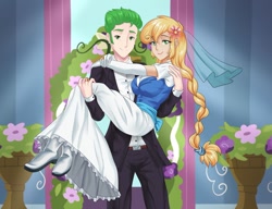 Size: 1280x981 | Tagged: safe, artist:thebrokencog, applejack, spike, human, g4, anime, braid, bridal carry, carrying, clothes, cute, dress, female, flower, flower in hair, humanized, male, marriage, ship:applespike, shipping, straight, wedding, wedding dress