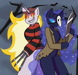 Size: 1024x988 | Tagged: safe, artist:lolitablue, daybreaker, nightmare moon, alicorn, semi-anthro, g4, a nightmare on elm street, arm hooves, crossover, ethereal mane, female, freddy krueger, freddy vs jason, friday the 13th, jason voorhees, mane of fire, metal claws, missing cutie mark, siblings, sisters, starry mane