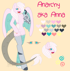 Size: 1024x1046 | Tagged: safe, artist:lolitablue, oc, oc only, draconequus, hybrid, semi-anthro, arm hooves, base used, bust, fangs, interspecies offspring, offspring, open mouth, parent:discord, parent:fluttershy, parents:discoshy, raised hoof, reference sheet, smiling, spread wings, two toned wings, wings
