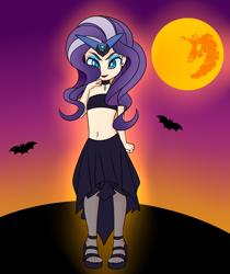 Size: 2600x3100 | Tagged: safe, artist:caoscore, nightmare rarity, bat, human, g4, clothes, costume, halloween, high res, holiday, humanized, mare in the moon, midriff, moon, solo