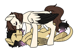 Size: 1036x705 | Tagged: safe, artist:silentwolf-oficial, oc, oc only, pegasus, pony, duo, eyes closed, lying down, on back, pegasus oc, simple background, transparent background, two toned wings, wings