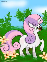 Size: 768x1024 | Tagged: dead source, safe, artist:lisandro256, sweetie belle, butterfly, pony, unicorn, g4, butterfly on nose, cute, diasweetes, female, flower, insect on nose, raised hoof, solo
