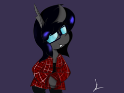 Size: 2556x1913 | Tagged: safe, artist:almaustral, oc, oc only, changeling, semi-anthro, arm hooves, changeling oc, clothes, glasses, purple background, signature, simple background, smiling, solo