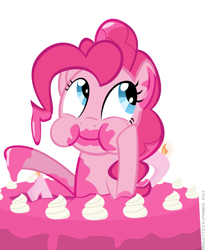 Size: 2657x3248 | Tagged: safe, artist:ace play, pinkie pie, earth pony, pony, mlp fim's tenth anniversary, g4, cake, candle, cute, diapinkes, eating, female, food, frosting, happy birthday mlp:fim, high res, mare, messy eating, pink, puffy cheeks, simple background, solo, vector, white background