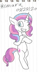 Size: 694x1263 | Tagged: safe, artist:cmara, potion nova, pony, unicorn, g4, bipedal, crossed arms, cute, female, grin, mare, novabetes, one eye closed, simple background, smiling, solo, traditional art, white background, wink