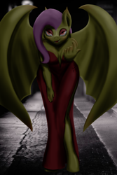 Size: 2000x3000 | Tagged: safe, artist:tunrae, fluttershy, bat pony, vampire, anthro, unguligrade anthro, g4, bat ponified, bat wings, beckoning, bedroom eyes, clothes, come hither, dress, female, flutterbat, high res, lineless, race swap, red dress, solo, stock image, tongue out, wings