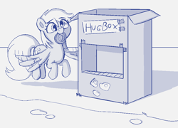 Size: 906x654 | Tagged: safe, artist:heretichesh, derpy hooves, pegasus, pony, g4, box, cute, derpabetes, drawthread, female, flying, happy, hugbox, mare, monochrome, sign, sketch, solo, tape, text, wings