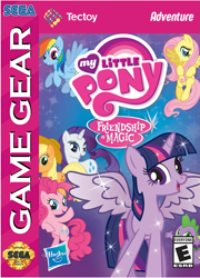 Size: 719x997 | Tagged: safe, edit, applejack, fluttershy, pinkie pie, rainbow dash, rarity, spike, twilight sparkle, alicorn, pony, mlp fim's tenth anniversary, g4, cover, e rating, esrb, game cover, happy birthday mlp:fim, mane seven, mane six, sega, sega game gear, tectoy, twilight sparkle (alicorn)