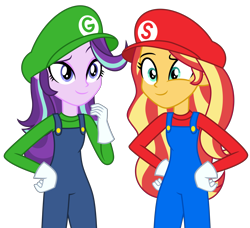 Size: 6800x6200 | Tagged: safe, artist:emeraldblast63, starlight glimmer, sunset shimmer, equestria girls, g4, cap, clothes, clothes swap, cosplay, costume, crossover, gloves, green hat, halloween, hat, holiday, long sleeved shirt, long sleeves, luigi, luigi's hat, male, mario, mario's hat, overalls, red hat, shirt, simple background, super mario bros., transparent background, undershirt