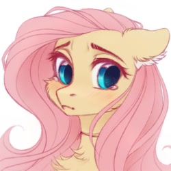 Size: 1000x1000 | Tagged: safe, artist:vird-gi, fluttershy, pony, g4, bust, cheek fluff, chest fluff, choker, cute, ear fluff, female, floppy ears, mare, portrait, shyabetes, simple background, solo, teary eyes, white background