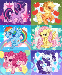 Size: 800x960 | Tagged: safe, artist:celesse, applejack, fluttershy, pinkie pie, rainbow dash, rarity, twilight sparkle, earth pony, pegasus, pony, unicorn, g4, chibi, confetti, cowboy hat, cute, cutie mark, female, flower, hat, mane six, mare, open mouth, rainbow, smiling, unicorn twilight