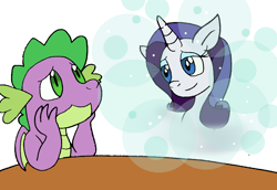 Size: 1124x774 | Tagged: safe, artist:cmara, rarity, spike, dragon, pony, unicorn, g4, daydream, dream, eyeshadow, female, makeup, male, mare, ship:sparity, shipping, simple background, straight, table, white background, winged spike, wings