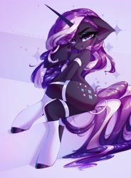 Size: 2192x2972 | Tagged: safe, alternate version, artist:shenki, nightmare rarity, pony, unicorn, g4, blushing, chest fluff, clothes, crossed legs, eye clipping through hair, female, floppy ears, garter belt, high res, legwear, looking at you, mare, sexy, sitting, smiling, socks, solo, stupid sexy nightmare rarity, thigh highs