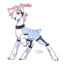 Size: 2935x2859 | Tagged: safe, artist:infrej, oc, oc only, oc:pastel frost, deer, animal costume, blushing, clothes, collar, commission, costume, deer oc, high res, male, markings, open mouth, raised hoof, simple background, solo, transparent background, wolf costume, ych result