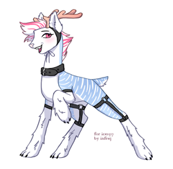 Size: 2935x2859 | Tagged: safe, alternate version, artist:infrej, oc, oc only, oc:pastel frost, deer, animal costume, blushing, clothes, collar, commission, costume, deer oc, high res, male, markings, open mouth, raised hoof, simple background, solo, white background, wolf costume, ych result