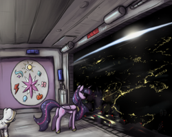 Size: 2500x2000 | Tagged: safe, artist:t72b, twilight sparkle, alicorn, earth pony, pony, mlp fim's tenth anniversary, g4, the last problem, city, cityscape, clothes, cutie mark, female, future, happy birthday mlp:fim, high res, immortality blues, mare, older, older twilight, older twilight sparkle (alicorn), orbit, planet, princess twilight 2.0, robe, science fiction, space, spaceship, sunrise, twilight sparkle (alicorn), twilight will outlive her friends