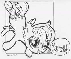 Size: 1280x1069 | Tagged: safe, artist:abronyaccount, oc, oc:rocket tier, pegasus, equestria daily, black and white, colt, equestria daily mascots, flying, grayscale, ink, ink drawing, inktober, inktober 2020, male, monochrome, speech bubble, traditional art