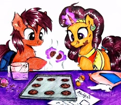 Size: 2588x2247 | Tagged: safe, artist:liaaqila, saffron masala, oc, earth pony, pony, unicorn, g4, baking, clothes, commission, cookie, duo, female, food, high res, jeans, magic, mare, pants, smiling, telekinesis, traditional art