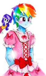 Size: 2010x3275 | Tagged: safe, artist:liaaqila, rainbow dash, rarity, equestria girls, g4, blushing, clothes, commission, crossdressing, dress, duo, embarrassed, equestria guys, female, high res, male, puffy sleeves, rainbow blitz, rainbow blitz always dresses in style, rainbow dash always dresses in style, rule 63, traditional art, tsundere