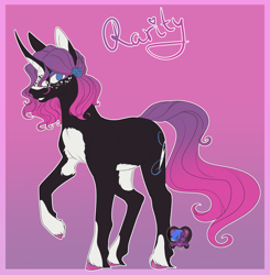 Size: 2007x2051 | Tagged: safe, artist:dark--drawz, rarity, pony, unicorn, g4, curved horn, female, high res, horn, mare, purple background, redesign, signature, simple background, solo, unshorn fetlocks